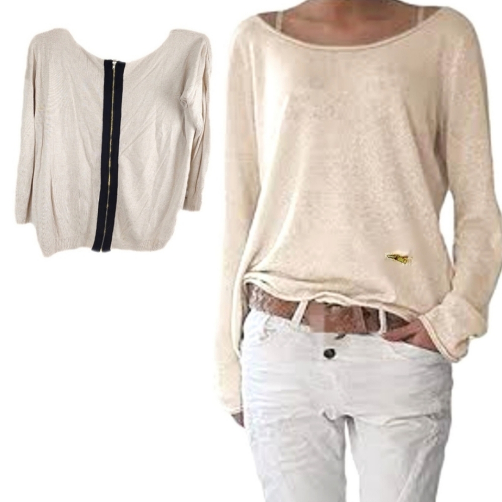 Vertical Design Wmns M Beige Zip Pocket Scoop Neck Full Zip Back Top